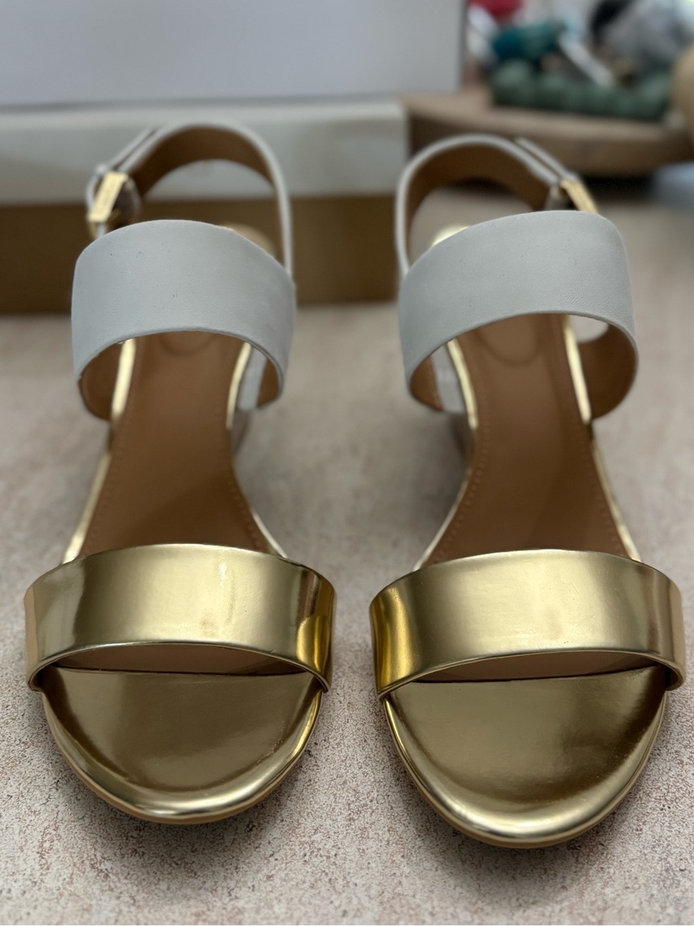 Calvin Klein Gold and White Open-Toe Strap Sandals